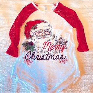 Merry Christmas lace sleeve baseball tee shirt NWOT